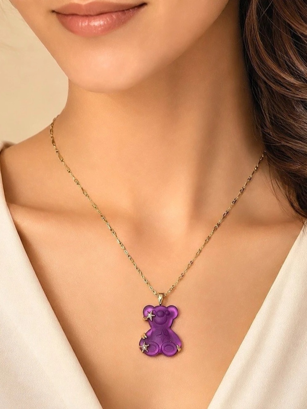 Purple Pendant Necklace in Gold Steel 316L